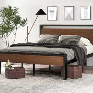 SHA CERLIN 14 Inch Queen Size Metal Platform Bed Frame with Wooden Headboard, Large Under Bed Storage, No Box Spring Nee
