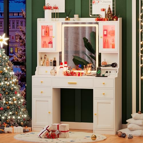White Makeup Vanity Desk with Mirror and Lights - Large Dressing Table Set with Charging Station - Stylish RGB Cabinets