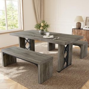 3-Piece Rectangle Dining Table Set for 6-8 People - Stylish Grey Kitchen Furniture with 2 Benches for Breakfast Nook & D