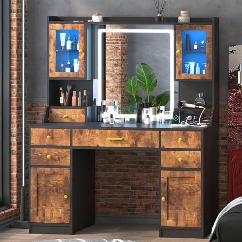 White Makeup Vanity Desk with Mirror and Lights - Large Dressing Table Set with Charging Station - Stylish RGB Cabinets