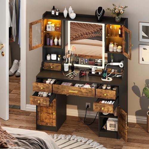 White Makeup Vanity Desk with Mirror and Lights - Large Dressing Table Set with Charging Station - Stylish RGB Cabinets