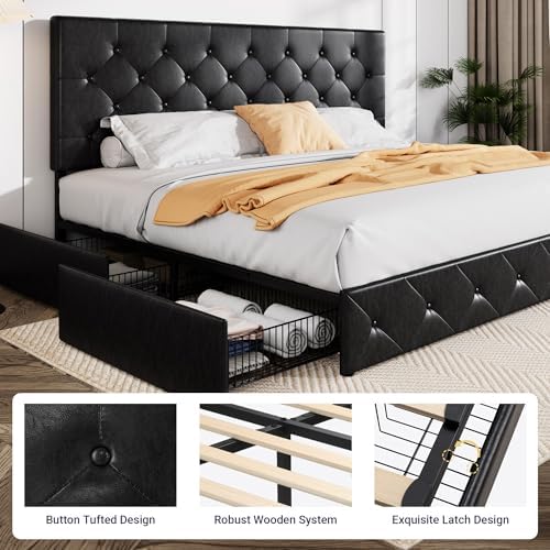 Allewie Upholstered Queen Size Platform Bed Frame with 4 Storage Drawers | Diamond Stitched Button Tufted | Ideal for Be