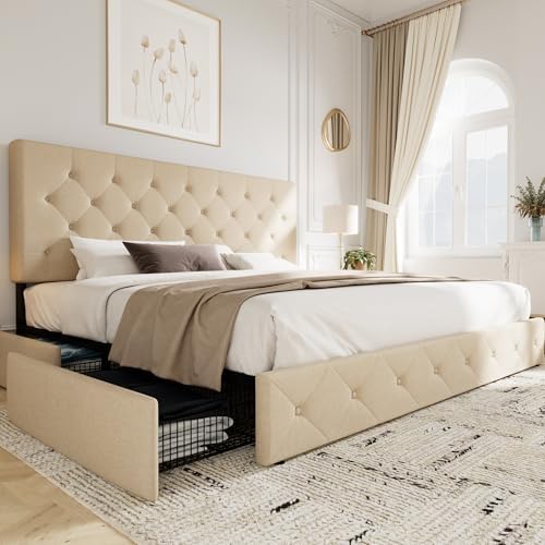 Allewie Upholstered Queen Size Platform Bed Frame with 4 Storage Drawers | Diamond Stitched Button Tufted | Ideal for Be