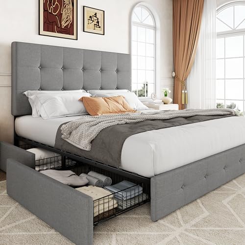 Allewie Upholstered Queen Size Platform Bed Frame with 4 Storage Drawers | Diamond Stitched Button Tufted | Ideal for Be