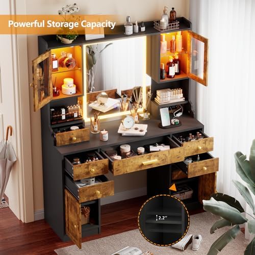 White Makeup Vanity Desk with Mirror and Lights - Large Dressing Table Set with Charging Station - Stylish RGB Cabinets