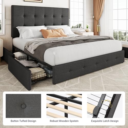Allewie Upholstered Queen Size Platform Bed Frame with 4 Storage Drawers | Diamond Stitched Button Tufted | Ideal for Be