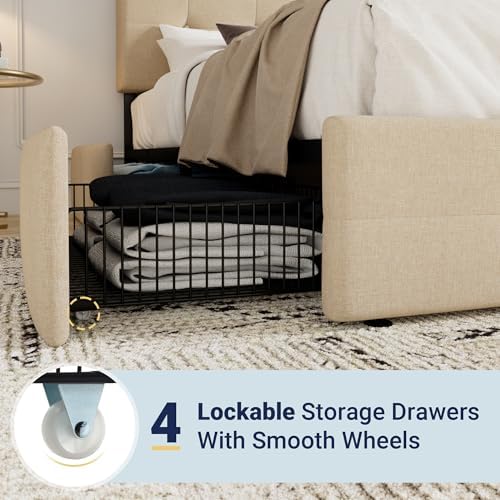 Allewie Upholstered Queen Size Platform Bed Frame with 4 Storage Drawers | Diamond Stitched Button Tufted | Ideal for Be